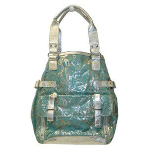 Roxbury Y2k Metallic Silver Aqua Faux Snakeskin Backpack Puffy Bag Satchel Purse